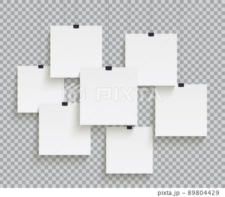 White square paper sheets hanging on paper clips isolated on transparent background. Vector design elements. 89804429