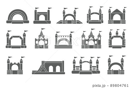 Bouncy inflatable castle. Tower and equipment for child playground. Jumping house sign. Glyph vector silhouette icons set. 89804761