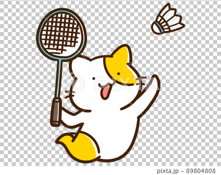 バドミントンの羽根をジャンプして打ち返すかわいいねこの手書き風イラスト 89804808