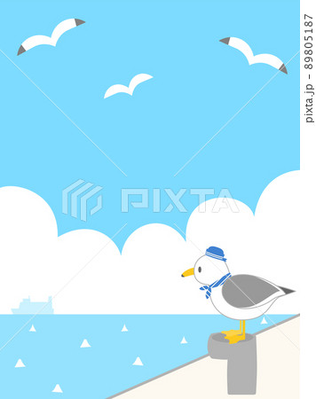 波止場のボラードの上にとまっているカモメのイラスト　縦書きバージョン 89805187