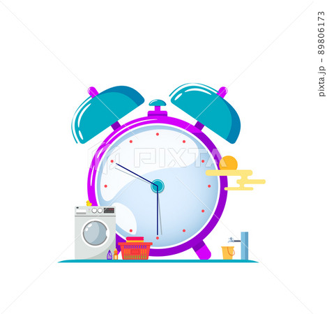 Concept of alarm clock its Time for a laundry with washing machine, washer, basket full of clothes, soap, and one bucket of water Concept of alarm clock its Time for a laundry with washing machine, washer, basket full of clothes, soap, and one bucket of water 89806173