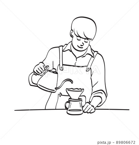 Professional man barista is making drip brewing illustration vector hand drawn isolated on white background line art. 89806672