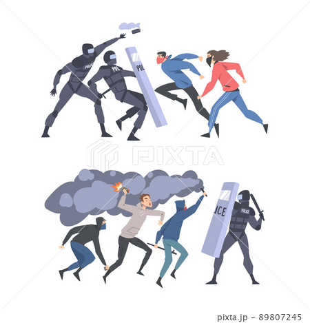 Furious Rioters with Smoke Grenade Fighting with Armed Police Officers Vector Illustration Set 89807245