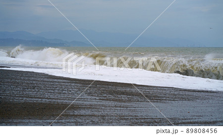 The Black Sea is stormy. Large sea wave. The sea is stormy. Cold stormy Black Sea coast, Georgia. 89808456