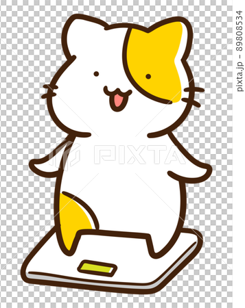 笑顔で体重計に乗るかわいいねこのキャラクターの手書き風イラストのイラスト素材