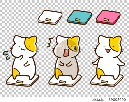 体重計に乗るかわいいねこのキャラクターの手書き風イラストセットのイラスト素材