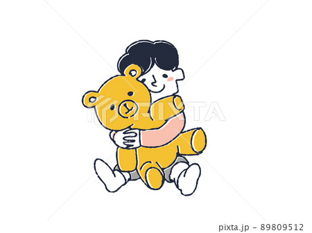 クマのぬいぐるみを抱きしめる男の子 コミカルな手書きの人物 ベクター 温かみのある線画のイラスト素材