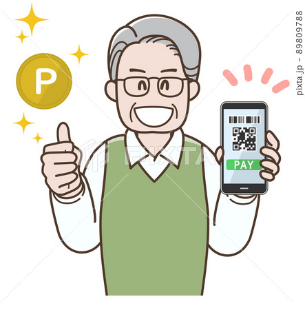 スマホ決済でポイントを獲得するシニア男性のイラスト スマホ決済でポイントを獲得するシニア男性のイラスト 89809788