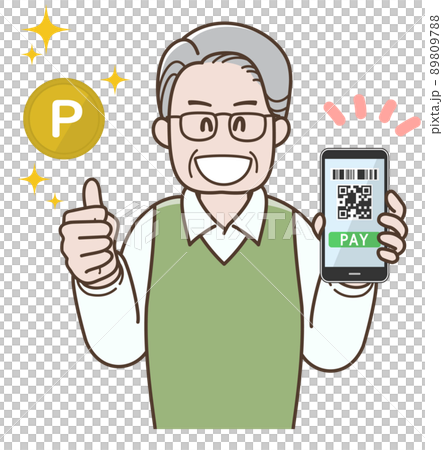 スマホ決済でポイントを獲得するシニア男性のイラスト スマホ決済でポイントを獲得するシニア男性のイラスト 89809788