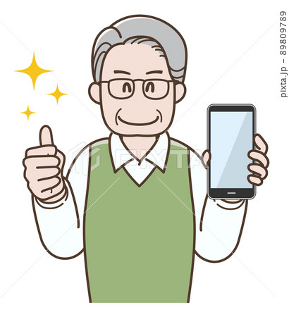 スマホを持ってグッドサインをするシニア男性のイラスト スマホを持ってグッドサインをするシニア男性のイラスト 89809789