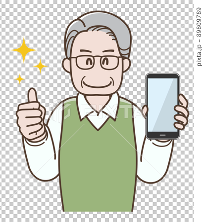 スマホを持ってグッドサインをするシニア男性のイラスト スマホを持ってグッドサインをするシニア男性のイラスト 89809789