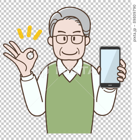 Illustration of a senior man holding a smartphone and signing OK Illustration of a senior man holding a smartphone and signing OK 89809790