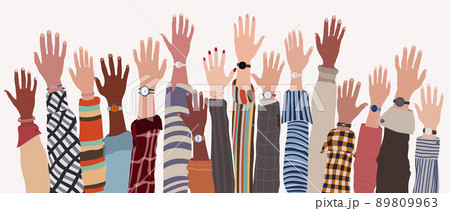 Group of raised arms and hands of multicultural colleagues or friends.Collaboration between teamwork or community of multi-ethnic people.Investment or startup -financing- support concept 89809963