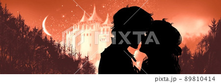 ロマンス映画風キスするカップルの白黒シルエットイラストと聳え立つ中世風のお城と森の背景 ロマンス映画風キスするカップルの白黒シルエットイラストと聳え立つ中世風のお城と森の背景 89810414