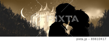 ロマンス映画風キスするカップルの白黒シルエットイラストと聳え立つ中世風のお城と森の背景 ロマンス映画風キスするカップルの白黒シルエットイラストと聳え立つ中世風のお城と森の背景 89810417