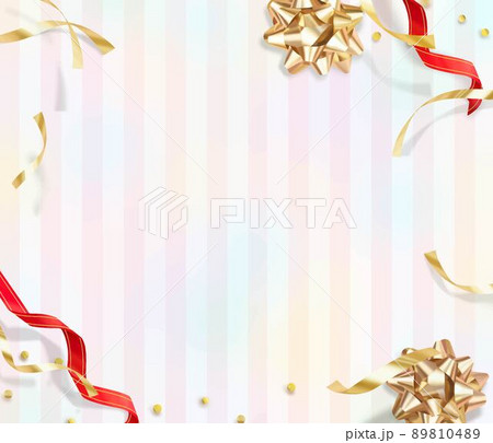 アンティークでオシャレなプラチナゴールドと赤いリボンのフレームストライプの虹色背景イラスト素材 89810489