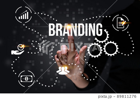 The concept of development and creation of branding. Hand and abstract business icons. The concept of development and creation of branding. Hand and abstract business icons. 89811276