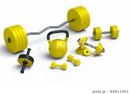 Isometric view of sport equipment like kettlebell, dumbbell, barbell and AB roller on white background. 3d render of power lifting and fitness concept Isometric view of sport equipment like kettlebell, dumbbell, barbell and AB roller on white background. 3d render of power lifting and fitness concept 89811401