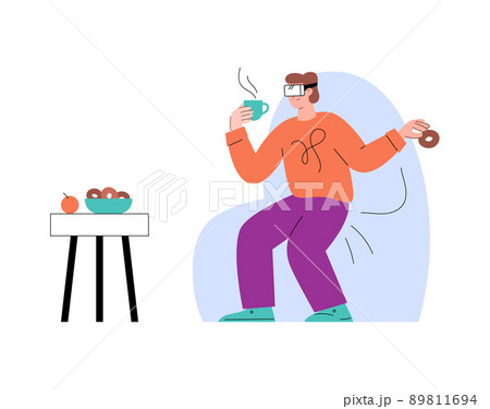 Man wearing VR glasses during breakfast, flat vector illustration isolated on white background. 89811694