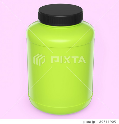 Green plastic jar for sport nutrition whey protein and gainer powder isolated on pink background. 3d rendering of sport supplement for crossfit, trx and powerlifting workout Green plastic jar for sport nutrition whey protein and gainer powder isolated on pink background. 3d rendering of sport supplement for crossfit, trx and powerlifting workout 89811905