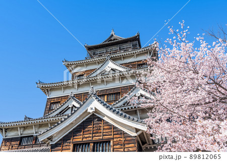 広島県広島市　満開の桜と快晴の空　広島城天守 89812065