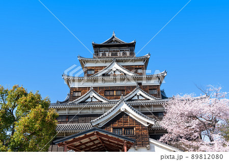 広島県広島市　満開の桜と快晴の空　広島城天守 89812080