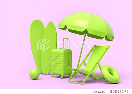 Suitcase with beach chair and surf board on monochrome pink background. 3D render of summer vacation concept and holidays Suitcase with beach chair and surf board on monochrome pink background. 3D render of summer vacation concept and holidays 89812172
