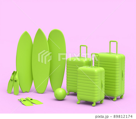 Suitcase with beach ball and surf board on monochrome pink background. 3D render of summer vacation concept and holidays 89812174