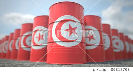 Flag of Tunisia on the barrels or steel drums. Chemical or oil industry related 3D rendering Flag of Tunisia on the barrels or steel drums. Chemical or oil industry related 3D rendering 89812708