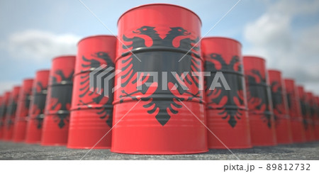 Flag of Albania on the barrels or steel drums. Chemical or oil industry related 3D rendering Flag of Albania on the barrels or steel drums. Chemical or oil industry related 3D rendering 89812732