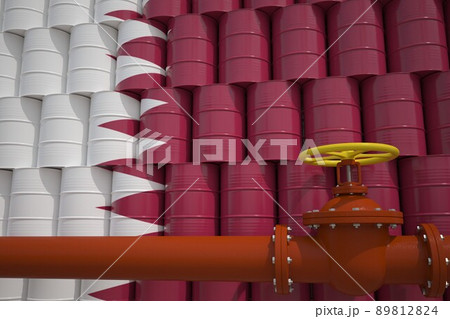 Many barrels with flag of Qatar and oil pipe. 3d rendering 89812824
