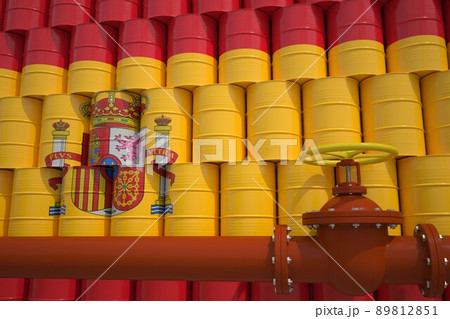 Barrels with painted flag of Spain and oil transportation pipe. 3d rendering 89812851
