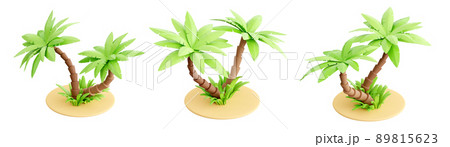 Palm tree on sand 3d render - tropical plant with green leaves and grass for beach vacation and summer travel Palm tree on sand 3d render - tropical plant with green leaves and grass for beach vacation and summer travel 89815623