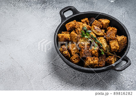Fried dried Rye Crouton Bread Biscuits. White background. Top view. Copy space 89816282