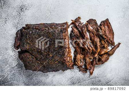Smoked bbq Beef Brisket meat steak. White background. Top view Smoked bbq Beef Brisket meat steak. White background. Top view 89817092