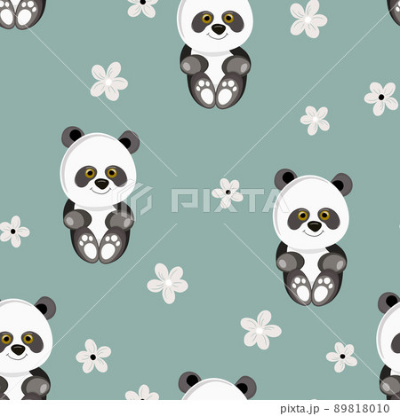 Seamless pattern with cute panda baby on color floral background. Funny asian animals. Card, postcards for kids. Flat vector illustration for fabric, textile, wallpaper, poster, gift wrapping paper Seamless pattern with cute panda baby on color floral background. Funny asian animals. Card, postcards for kids. Flat vector illustration for fabric, textile, wallpaper, poster, gift wrapping paper 89818010