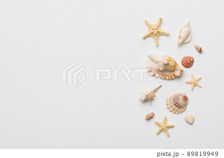 Summer time concept Flat lay composition with beautiful starfish and sea shells on colored table, top view with copy space for text Summer time concept Flat lay composition with beautiful starfish and sea shells on colored table, top view with copy space for text 89819949
