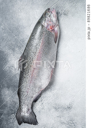 Raw trout silver fish on a kitchen table. Gray...の写真素材