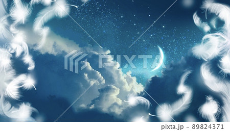 青い夜空に漂う雲海と三日月の背景イラストとふわふわと舞う白い天使の羽のイラスト素材 4371