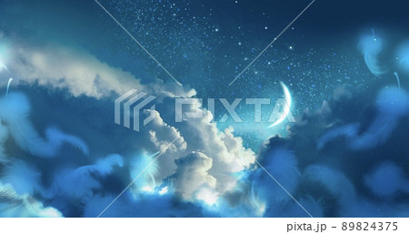 青い夜空に漂う雲海と三日月の背景イラストとふわふわと舞う白い天使の羽のイラスト素材 4375