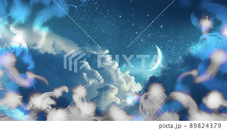 青い夜空に漂う雲海と三日月の背景イラストとふわふわと舞う白い天使の羽のイラスト素材 4379