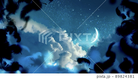 青い夜空に漂う雲海と三日月の背景イラストとふわふわと舞う漆黒の悪魔の羽 青い夜空に漂う雲海と三日月の背景イラストとふわふわと舞う漆黒の悪魔の羽 89824381