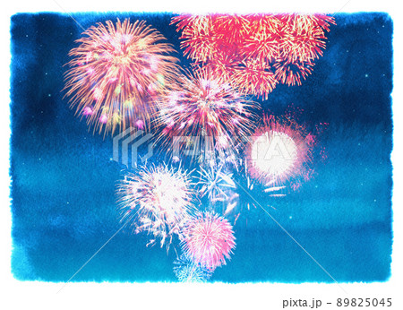 滲んだ水彩の夜空に昇る、華やかな花火のイメージ 89825045