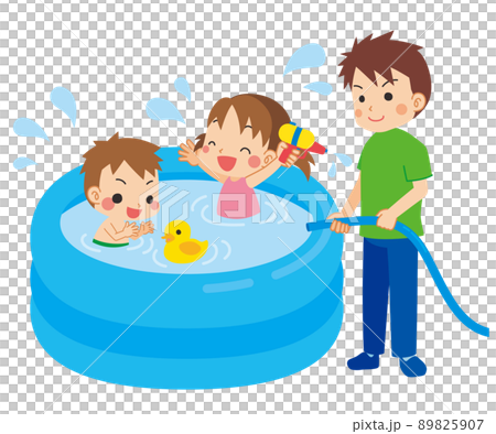 ビニールプールで水遊びをしている子供たちとお父さんのイラスト　白背景　クリップアート 89825907