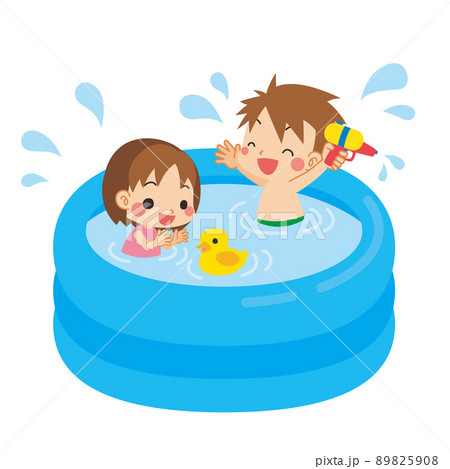ビニールプールで水遊びをしている男の子と女の子の兄妹のイラスト　白背景　クリップアート 89825908
