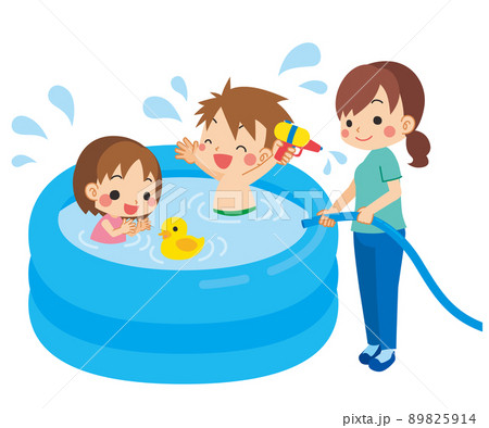 ビニールプールで水遊びをしている子供たちとお母さんのイラスト 白背景 クリップアートのイラスト素材 5914