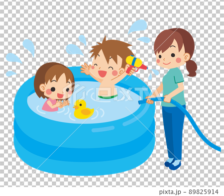 ビニールプールで水遊びをしている子供たちとお母さんのイラスト 白