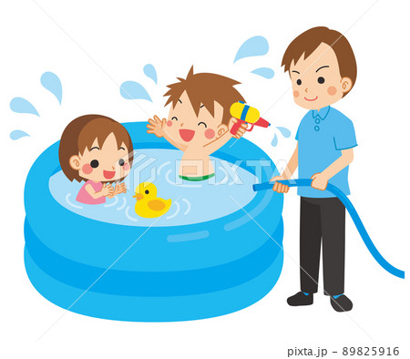 ビニールプールで水遊びをしている子供たちとお父さんのイラスト 白背景 クリップアートのイラスト素材 5916