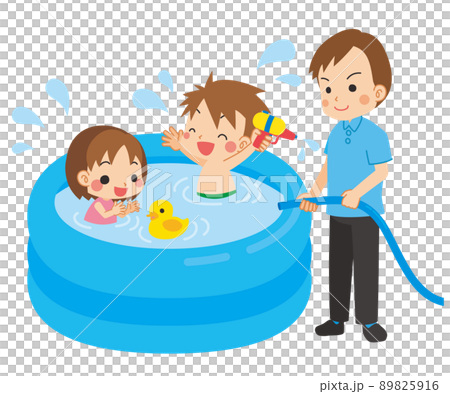 ビニールプールで水遊びをしている子供たちとお父さんのイラスト 白
