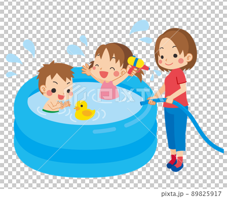 ビニールプールで水遊びをしている子供たちとお母さんのイラスト 白